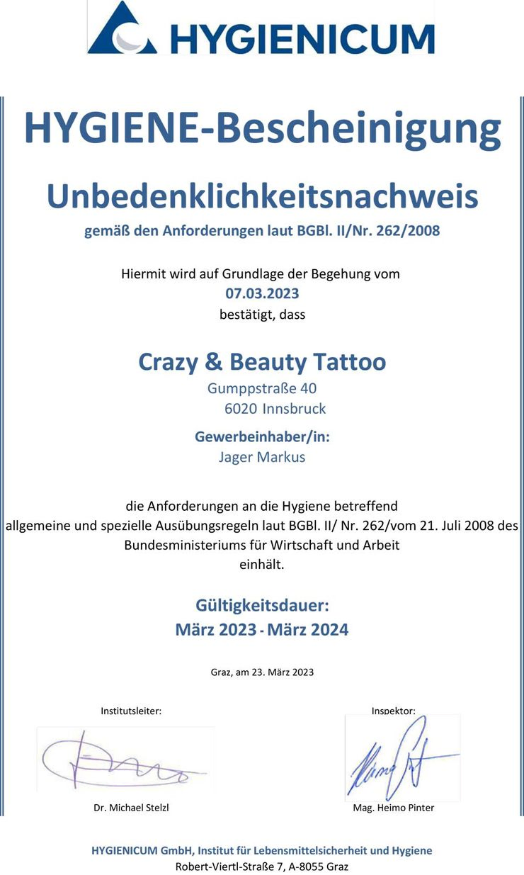 Hygiene Bescheinigung